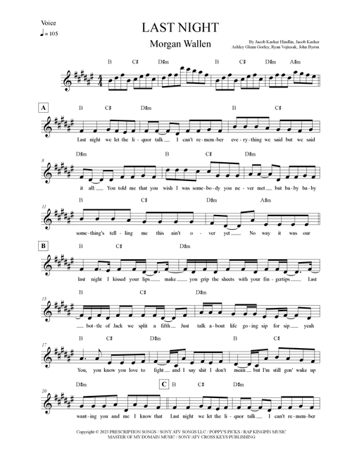 Last Night (Arr. Leo Silva) - Morgan Wallen (Lead Sheet - Fake Book)