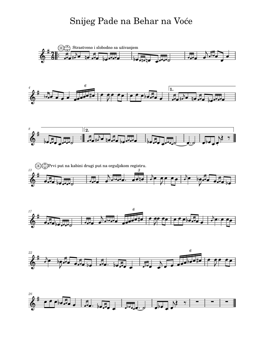 Snijeg Pade na Behar na Voće Sheet Music for Piano (Solo) easy ...