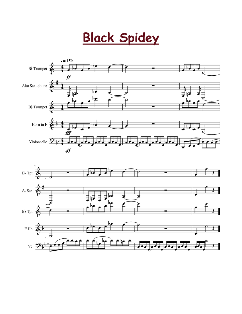 Black Suited Spidey (Spider-Man 3) Sheet music for Saxophone alto, Trumpet  in b-flat, French horn, Cello (Mixed Quintet) 