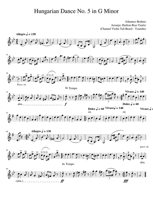 Danza Húngara no. 5 (Channel Violin Tab Brazil - Youtube)