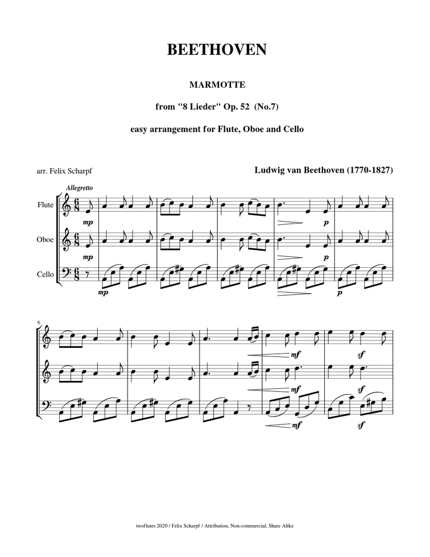 Beethoven, Ludwig van Marmotte (Op. 52 No.7)) easy arrangement for Flute, Oboe, Cello piano