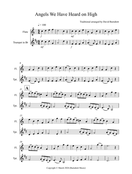 Angels We Have Heard on High for Flute and Trumpet Duet (Arr. David Burndrett) - Traditional (Instrumental Duet)