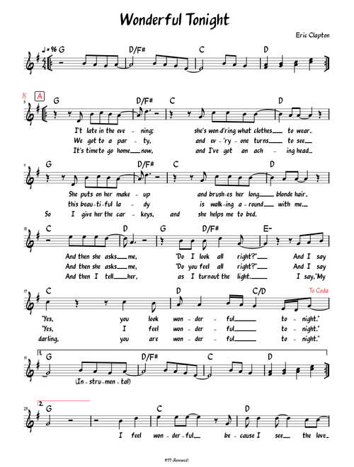 Wonderful Tonight (Lead sheet with lyrics )