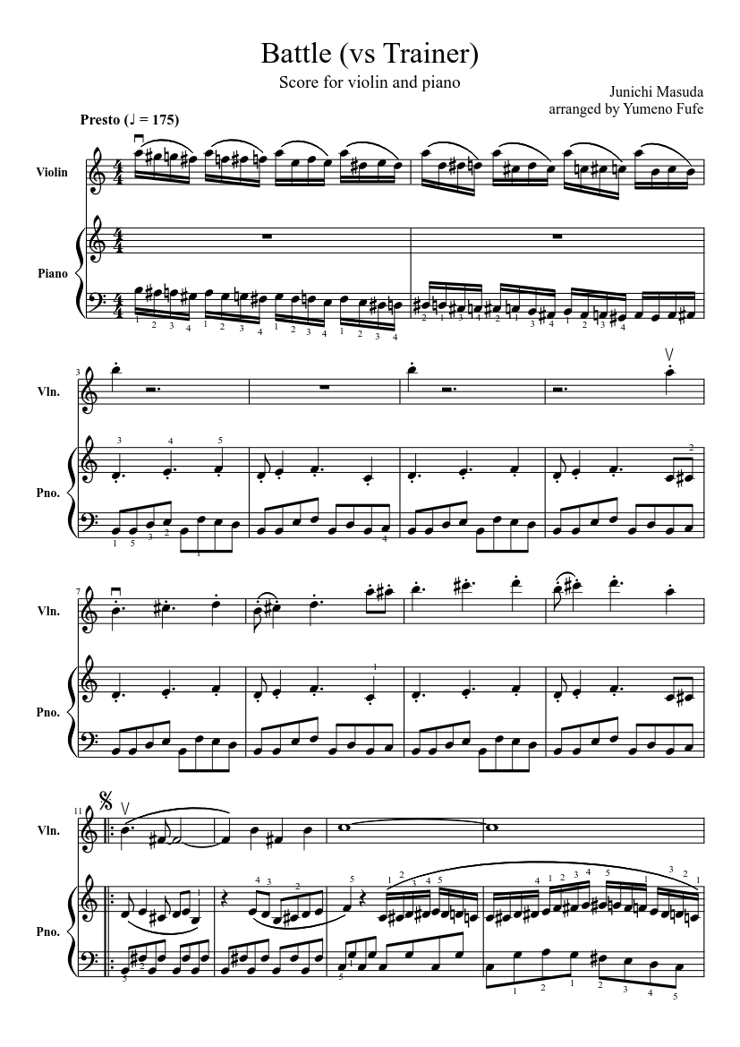 Battle (vs Trainer) from Pokémon Red and Blue Sheet music for Piano, Violin (Solo) Musescore.com