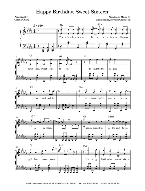 Happy Birthday Sweet Sixteen (Arr. Celena Chang) - Neil Sedaka (Piano Solo)