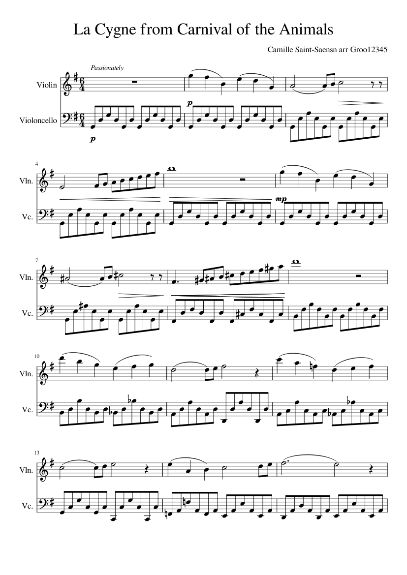 La Cygne (The Swan) from Carnival of the Animals Sheet music for Violin, Cello (String Duet) La Cygne (The Swan) from Carnival of the Animals Sheet music for Violin, Cello (String Duet)