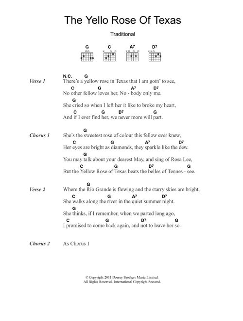 The Yellow Rose Of Texas - Traditional (Guitar Chords-Lyrics)