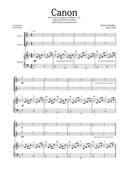 "Canon" by Pachelbel - Beautiful EASIER version for FLUTE DUET and PIANO (with chord symbols) (Arr. Iury Cardoso) - Johann Pachelbel (Instrumental Duet and Piano)