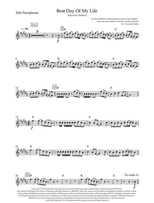 Best Day Of My Life (Arr. Fernando Britto) - American Authors (Alto Sax Solo)