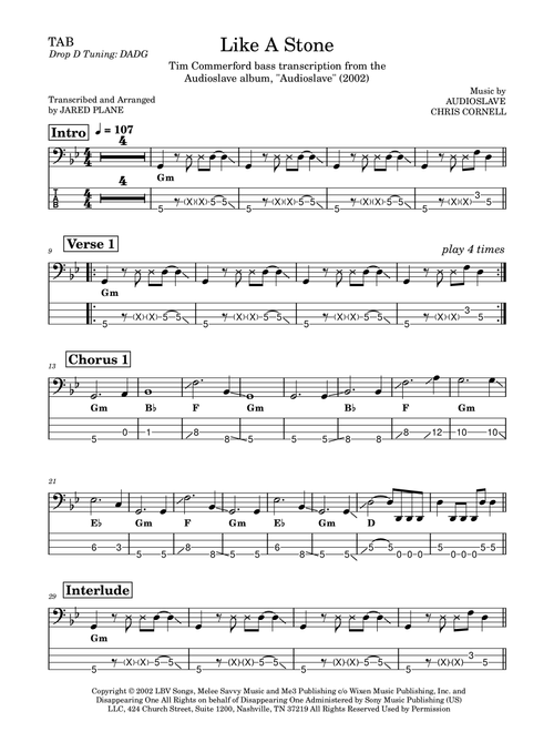 Like A Stone (Arr. Jared Plane) - Audioslave (Bass Tab)
