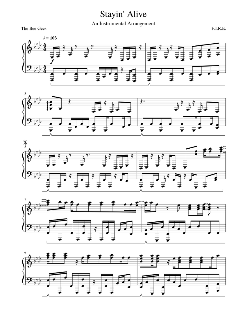 The Bee Gees - Stayin' Alive Sheet Music for Piano (Solo