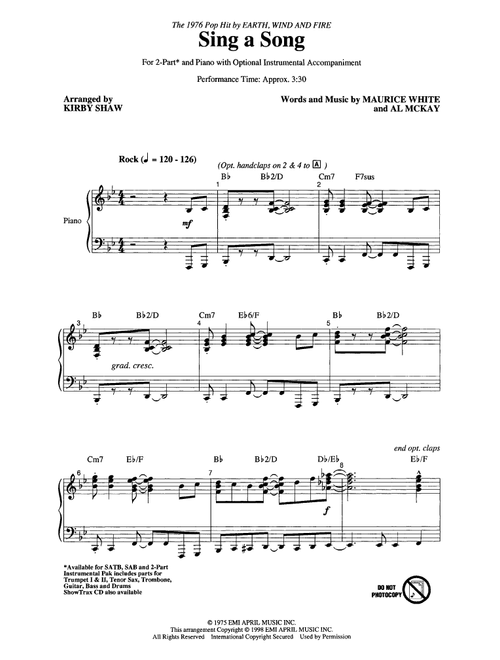 Sing A Song (arr. Kirby Shaw) - Earth Wind & Fire (Choral, 2-Part)