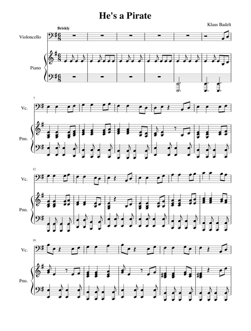He's a Pirate - Cello and Piano