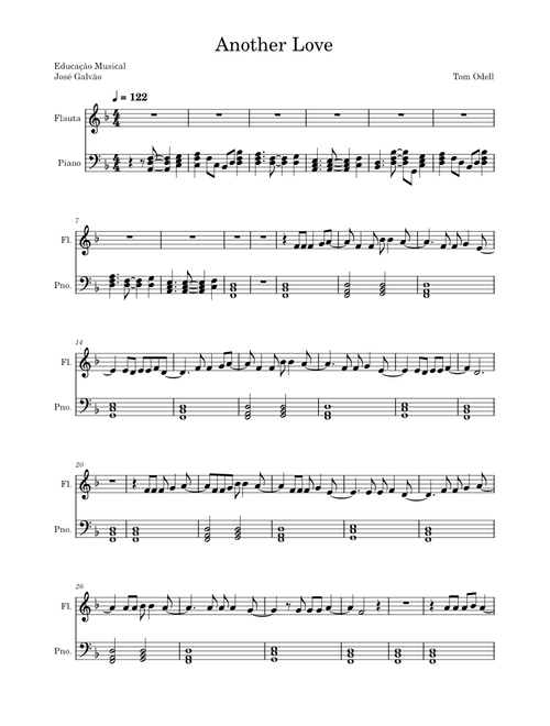 Another love – Tom Odell - Partitura Piano e Flauta - Educação Musical José Galvão