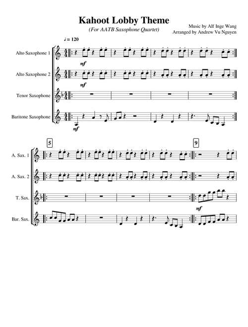 Kahoot Lobby Theme AATB Saxophone Quartet Arrangement