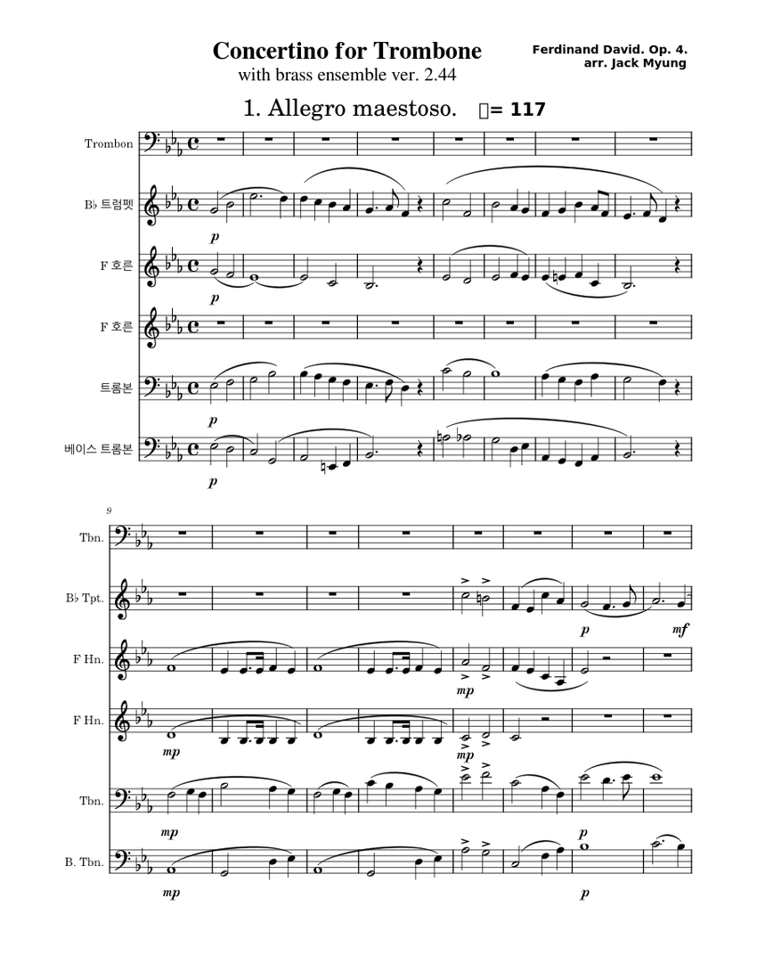 Trombone Concertino Op.4 Ferdinand David F. David concertino with Brass ensemble Sheet music for Trombone Trombone bass Trumpet in b flat French horn Brass Ensemble Musescore