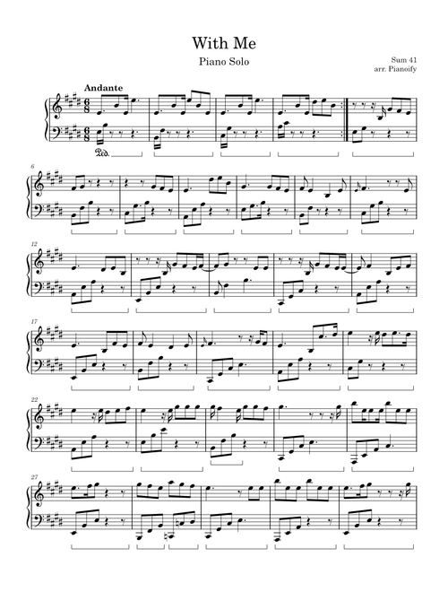 With Me – Sum 41 (arr. Pianoify) Piano Solo