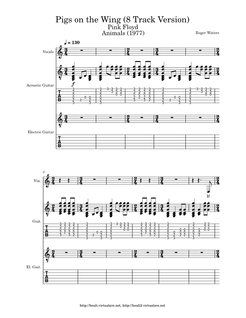 Pigs on the wing (8 Track Version) – Pink Floyd Sheet music