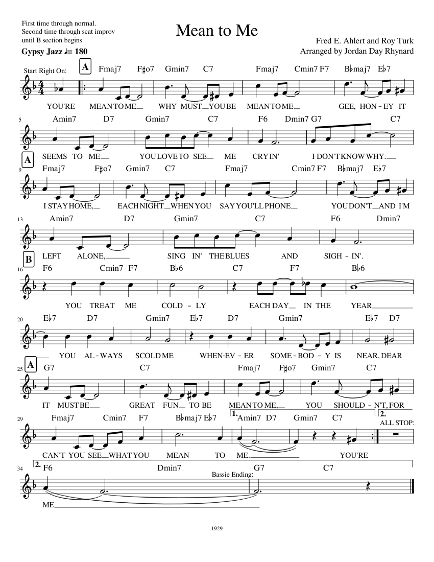 Mean to Me Sheet Music with Chords for Piano (Solo) easy