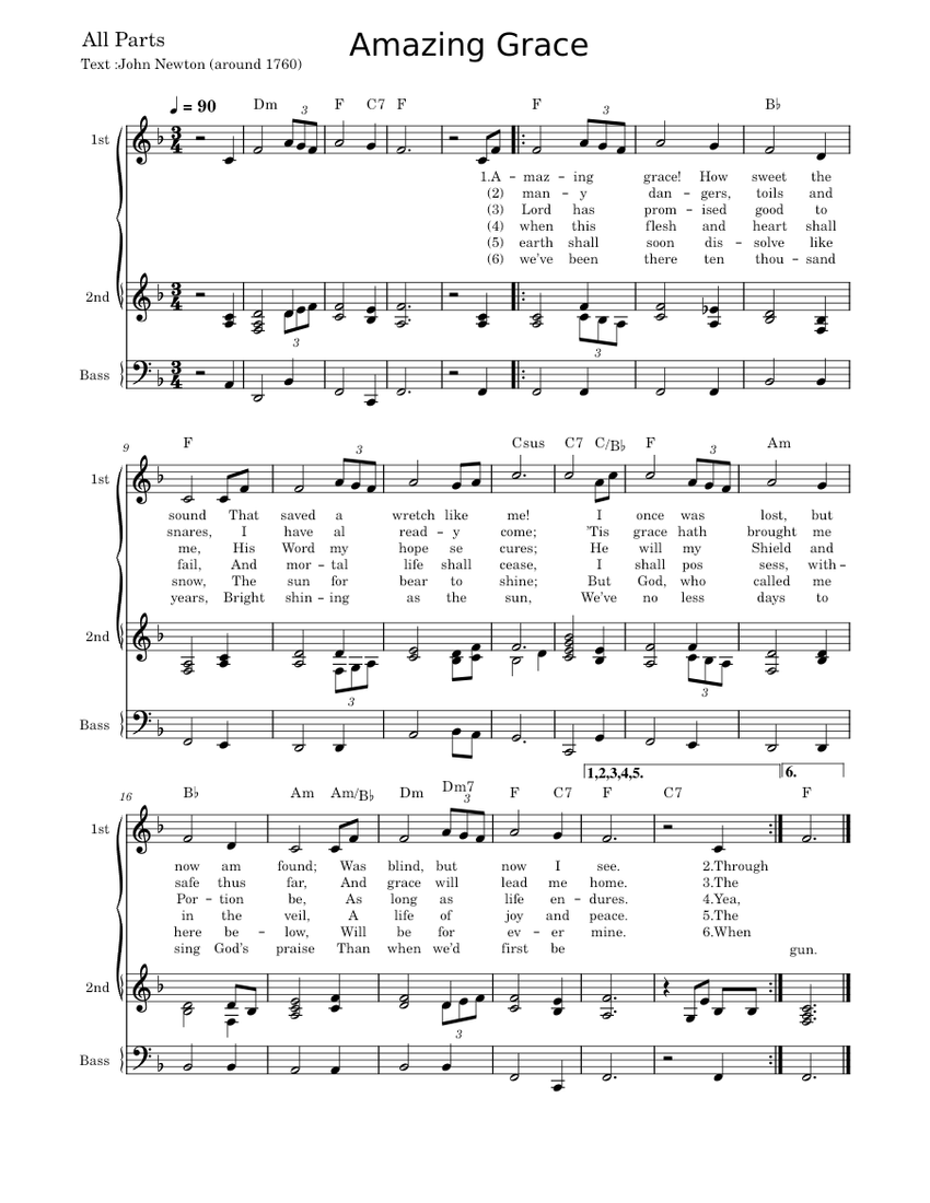 Amazing Grace John Newton Sheet music for Accordion Piano Trio Musescore