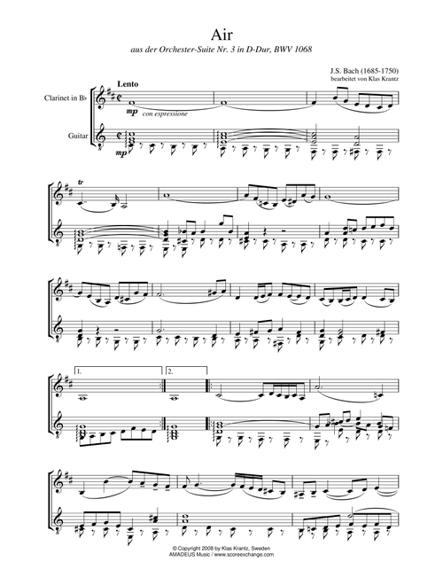Air (on the G string) BWV 1068 for clarinet in Bb and guitar (Arr. K. Krantz) - JS Bach (Instrumental Duet)