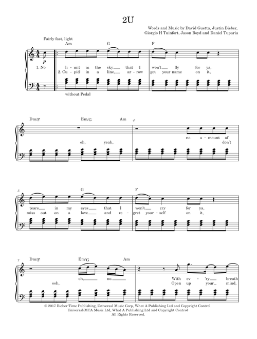 2U - David Guetta ft Justin Beiber (Piano-Voice)