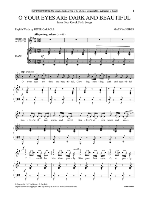 O Your Eyes Are Dark And Beautiful (from Four Greek Folk Songs) - Mátyás Seiber (Piano Vocal)