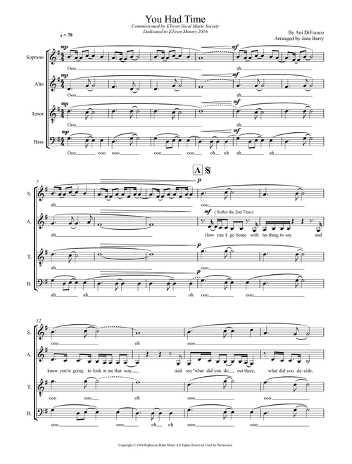 You Had Time (Arr. Jane Berry) - Ani DiFranco (Choral, SATB)