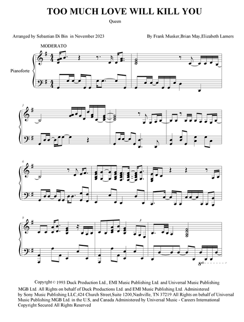 Too Much Love Will Kill You (Arr. Sebastian Di Bin) - Queen (Instrumental Solo)