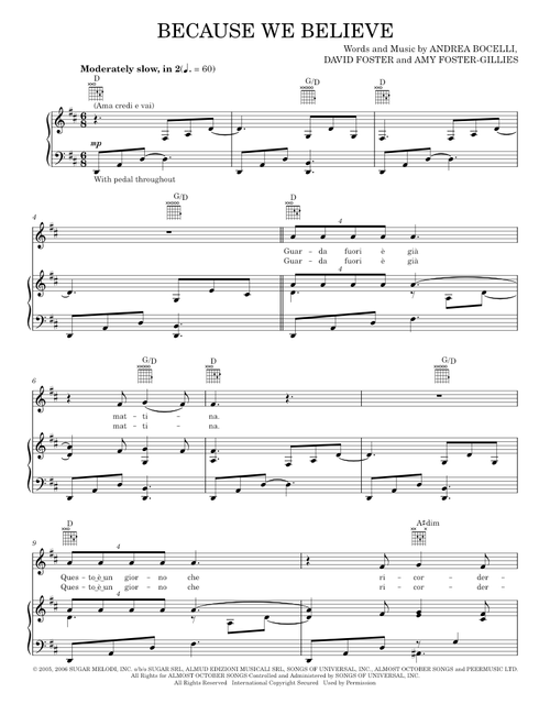 Because We Believe - Andrea Bocelli, David Foster (Piano-Vocal-Guitar)