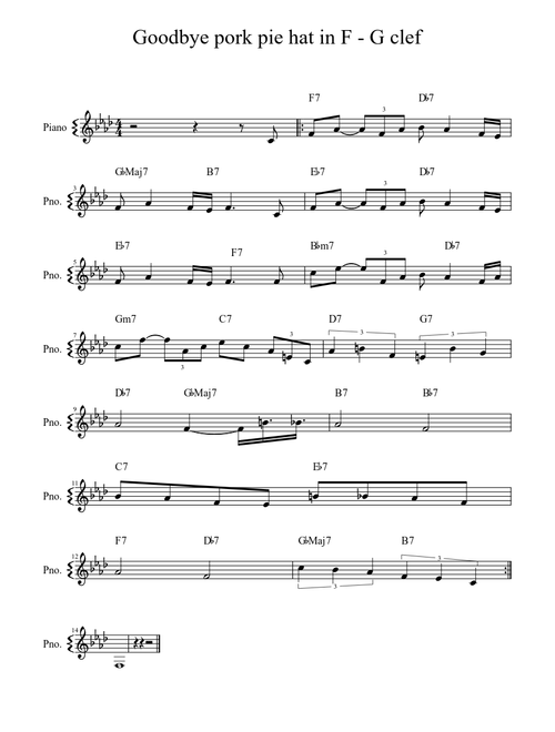 Goodbye pork pie hat in F minor (G clef)