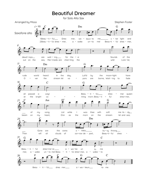 Beautiful Dreamer - Solo Alto Sax in Eb Major Easy - Lyrics & Chords (Version Tom Roush) (Arr. Misso) (Alto Sax Solo)