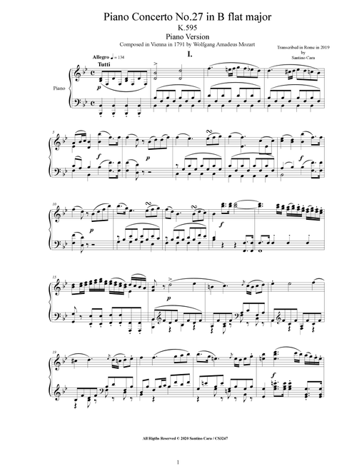 Mozart - Piano Concerto No.27 in B flat major K.595 - Piano Version (Arr. Santino Cara) (Piano Solo)