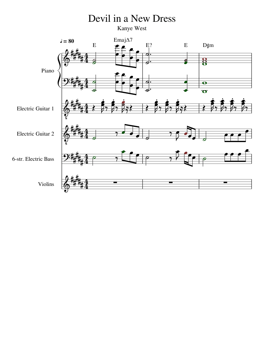 Devil in a New Dress - Kanye West Sheet Music with Chords for Piano, Guitar, Bass guitar, Strings group (Mixed Quintet) | MuseScore.com Devil in a New Dress - Kanye West Sheet Music with Chords for Piano, Guitar, Bass guitar, Strings group (Mixed Quintet) | MuseScore.com