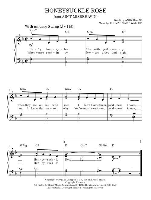 Honeysuckle Rose - Benny Goodman, Django Reinhardt, Duke Ellington, Louis Armstrong, Nat King Cole, (Easy Piano)