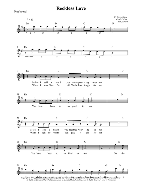 Reckless Love (Arr. Wesley S. SIlva) - Cory Asbury, Caleb Culver, Ran Jackson (Piano Chords-Lyrics)
