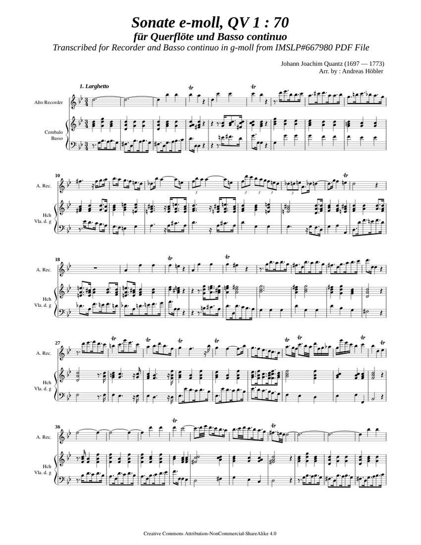 Quantz, J. J. _ Flute Sonata e-moll, QV 1.70 Sheet music for