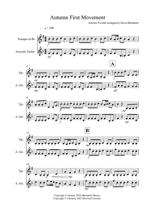 Autumn "Four Seasons" for Trumpet and Guitar Duet (Arr. David Burndrett) - Antonio Vivaldi (Instrumental Duet)