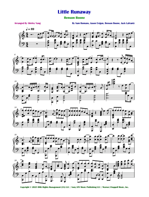 Little Runaway (Arr. Shirley Yang) - Benson Boone (Piano Solo)