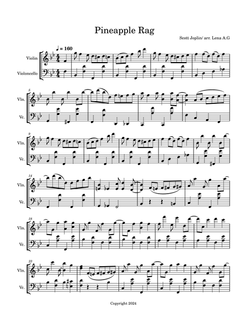 Pineapple Rag, for violin and cello (Arr. Lena Allen-Grunspan) - Scott Joplin (Instrumental Duet)