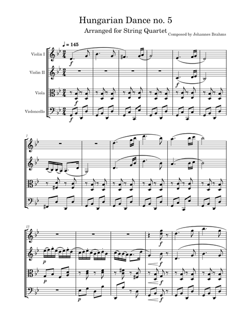 Hungarian Dance No. 5 arranged for String Quartet