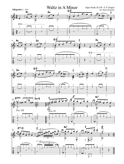 Waltz in A minor, B. 150, Op. Posth. (arranged for guitar) (Arr. Brian Streckfus) - Frédéric Chopin (Guitar Tab)