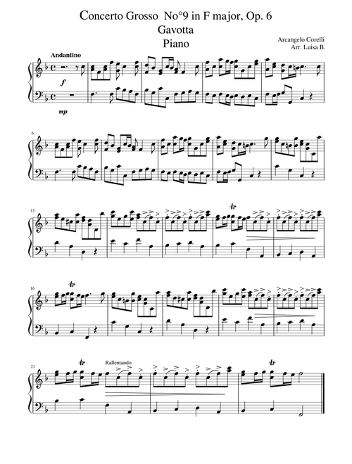 Concerto Grosso  No°9 in F major, Op. 6 Gavotta – Arcangelo Corelli - Piano