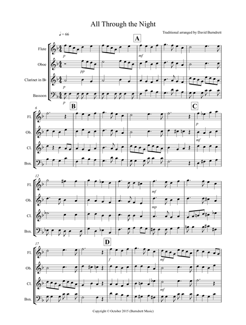 All Through the Night for Wind Quartet (Arr. David Burndrett) - Traditional (Woodwind Ensemble)