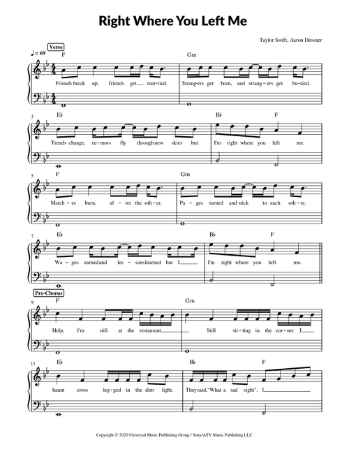 Right Where You Left Me (Arr. Pave) - Taylor Swift (Piano Vocal)
