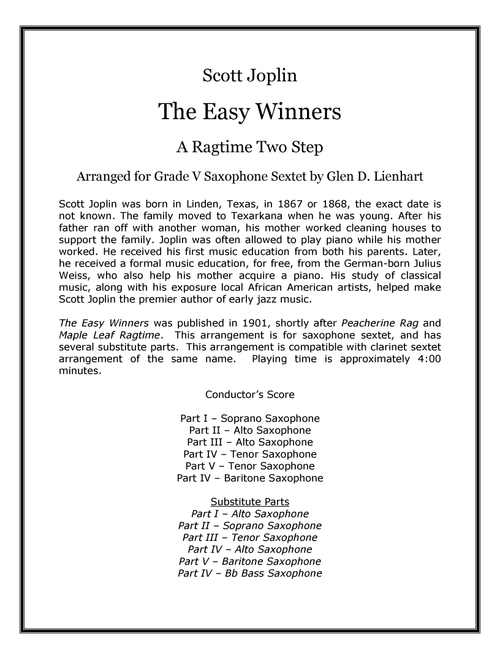 The Easy Winners - A Ragtime two step (Saxophones) (Arr. Glen D. Lienhart) - Scott Joplin (Woodwind Ensemble)