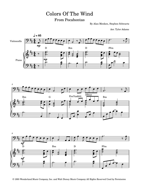 Colors Of The Wind (Arr. Tyler Adams) - Vanessa Williams (Cello and Piano)