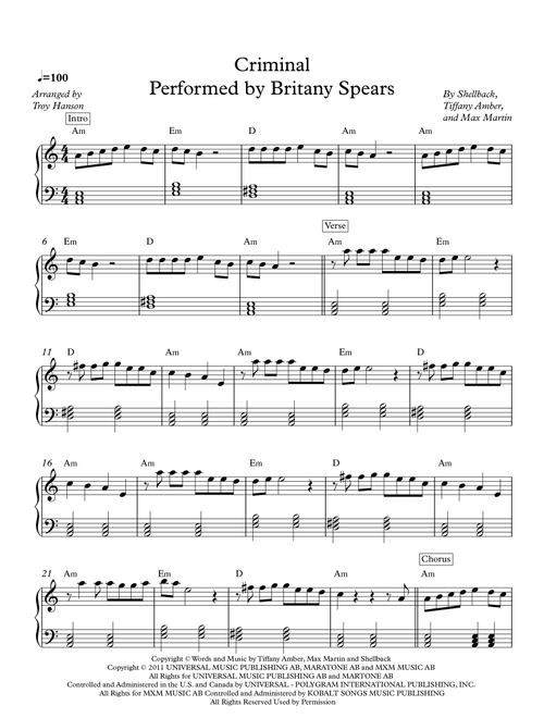 Criminal (Arr. Troy Hanson) - Britney Spears (Easy Piano)