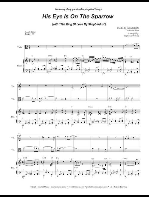His Eye Is On The Sparrow (with "The King Of Love My Shepherd Is") (Duet for Violin and Viola) (Arr. Stephen DeCesare) - Traditional Charles Gabriel (Instrumental Duet and Piano)