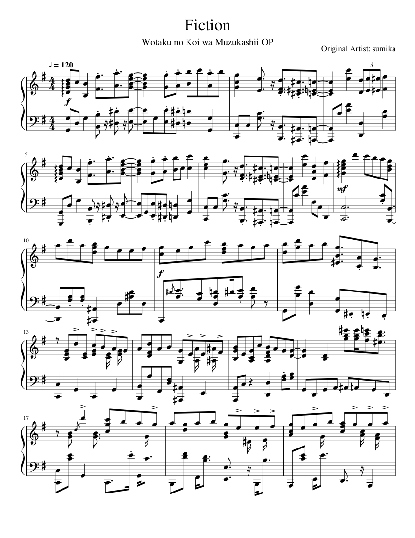 Fiction (Wotaku ni Koi wa Muzukashii OP) Sheet Music for Piano